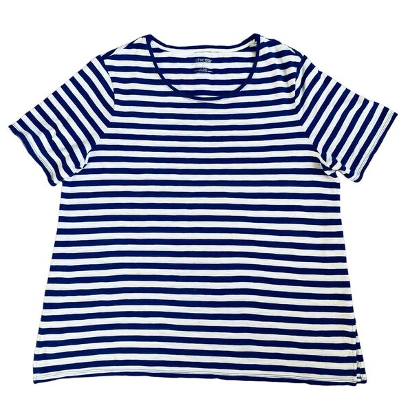 Chico's The Ultimate Tee Top L Round Neck Short Sleeve Cotton Blend Blue Striped - Picture 2 of 6